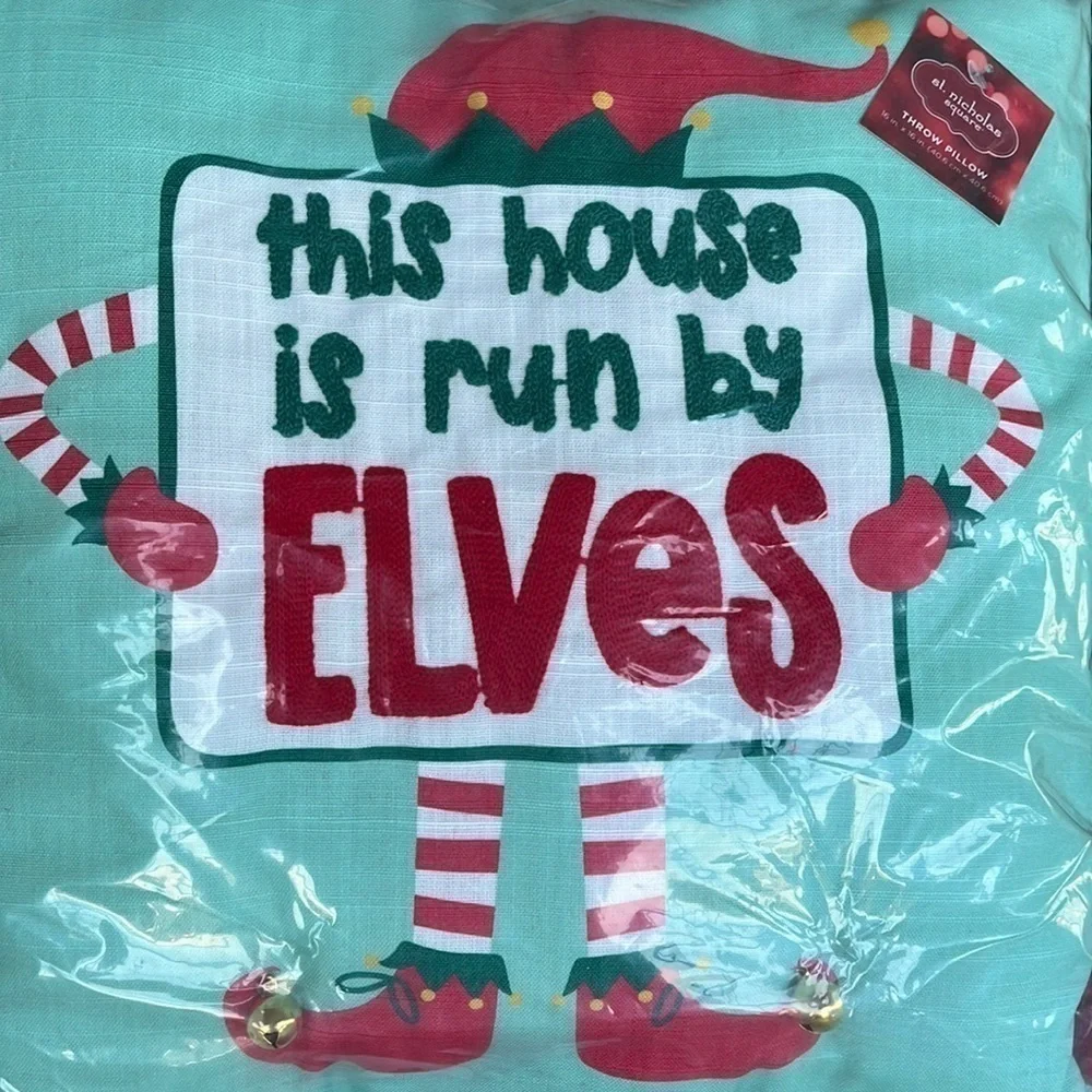 Brand New Christmas Throw Pillow “This Home is Run By Elves” 16” x 16” Square